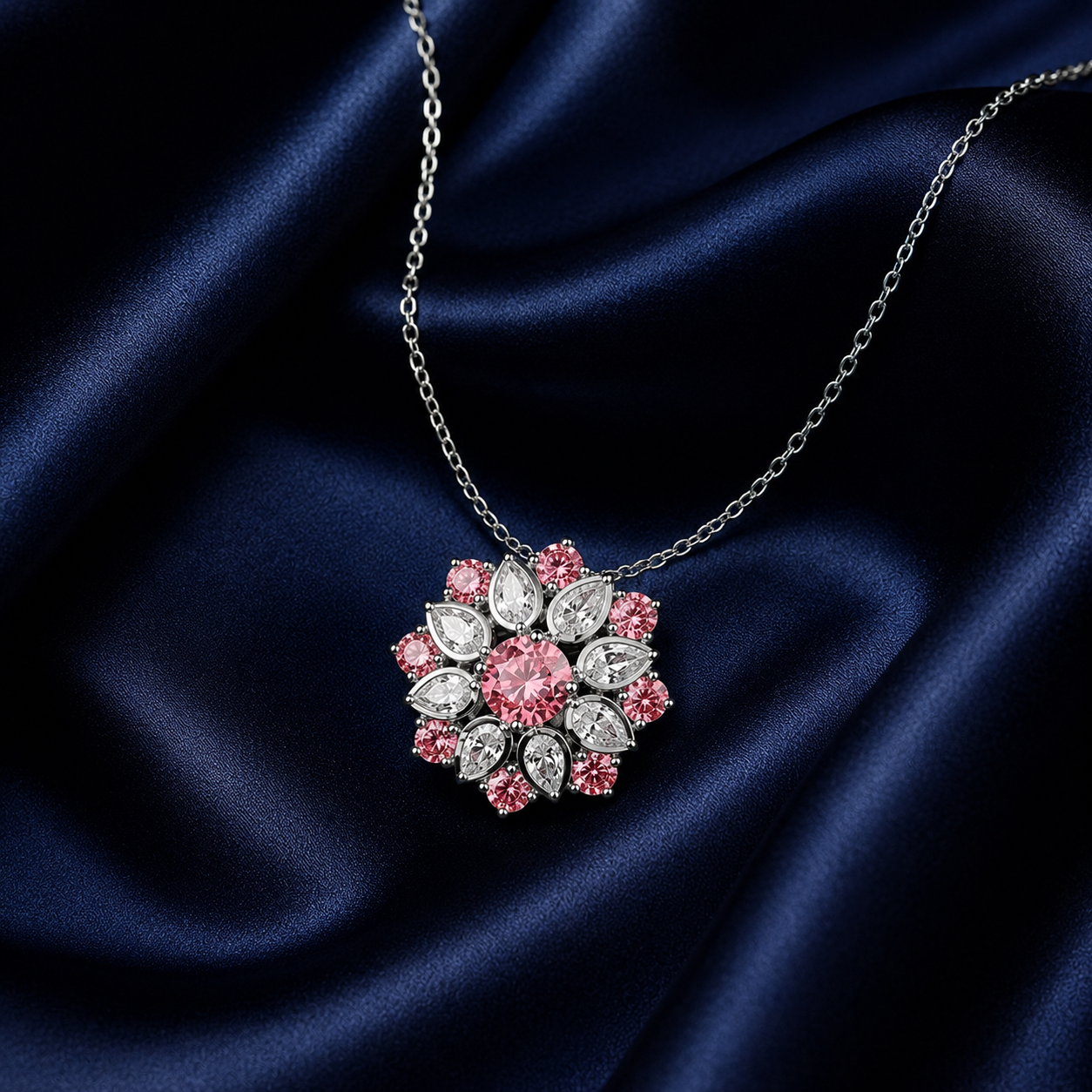 Pink Floral Zircon Pendant Necklace with Silver Chain