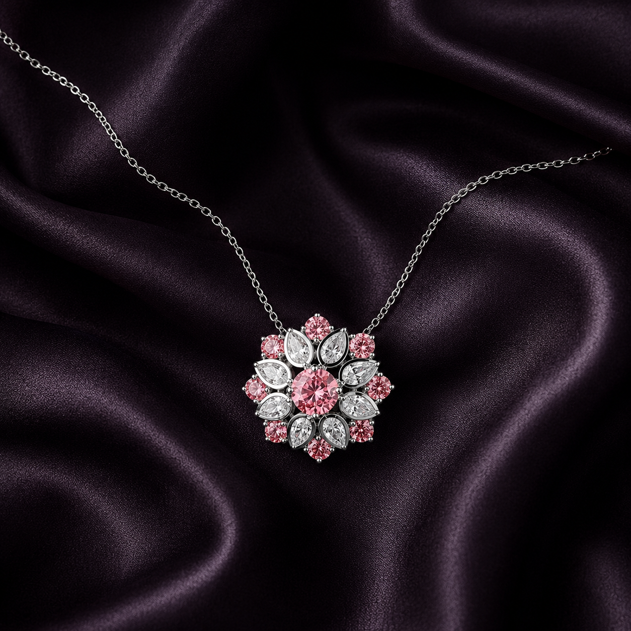 Pink Floral Zircon Pendant Necklace with Silver Chain