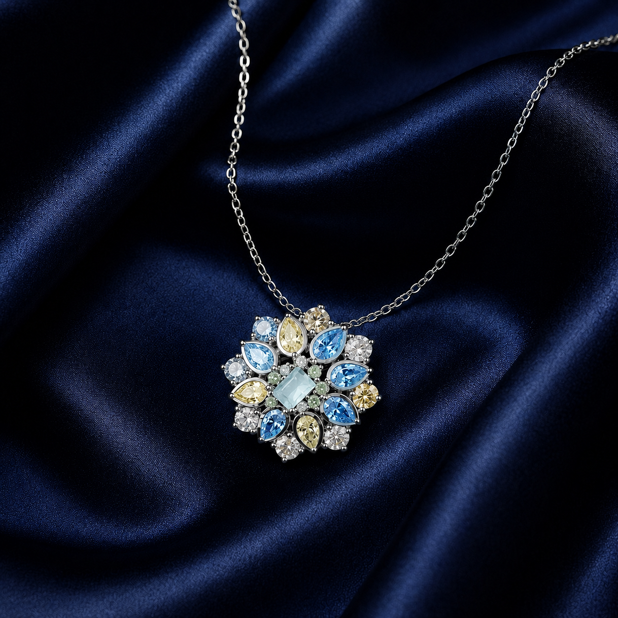 Multicolor faceted stone Pendant Necklace with Silver Chain