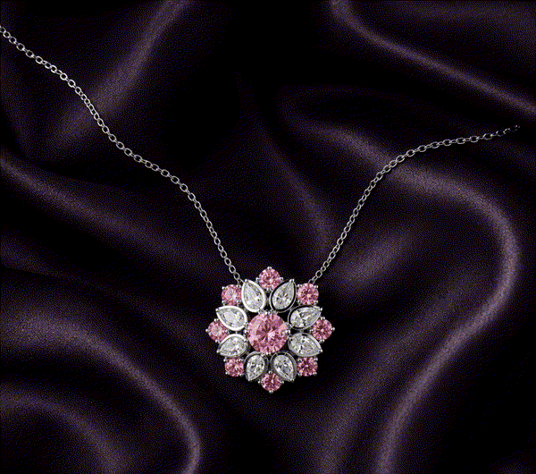 Pink Floral Zircon Pendant Necklace with Silver Chain